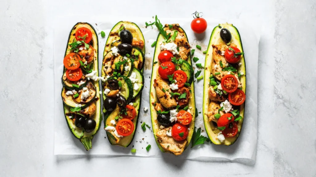 Mediterranean Greek-Style Chicken Zucchini Boats (Low-Carb)