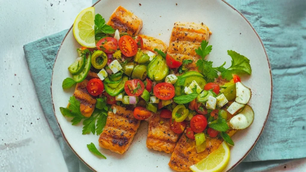 Sheet-Pan Lemon-Pepper Salmon Mediterranean Bowls