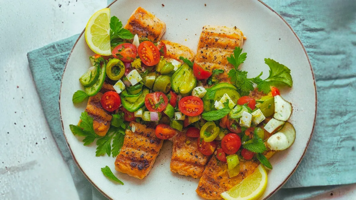 Sheet-Pan Lemon-Pepper Salmon Mediterranean Bowls