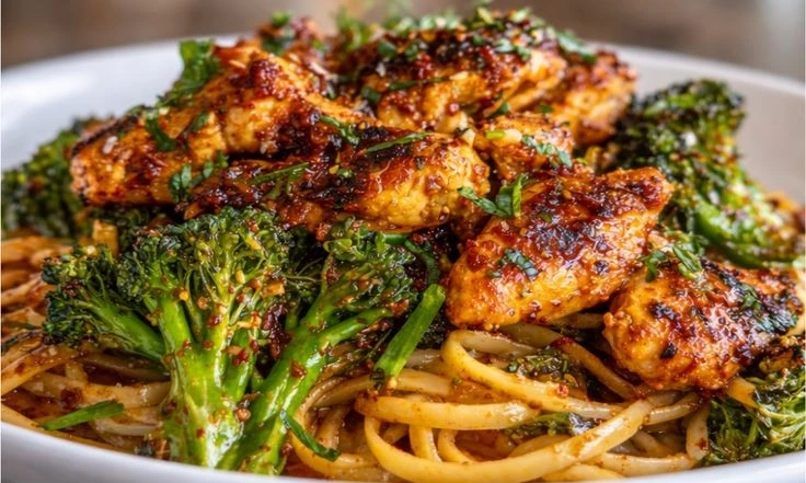 Spicy Garlic Chicken & Broccoli Noodle Bowls