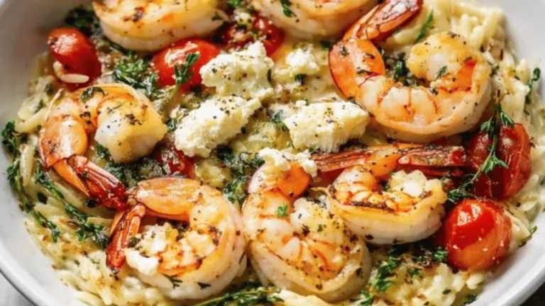 Lemon Feta Orzo with Garlic Shrimp