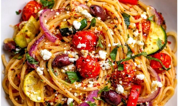 Mediterranean One-Pot Pasta with Feta & Roasted Veggies