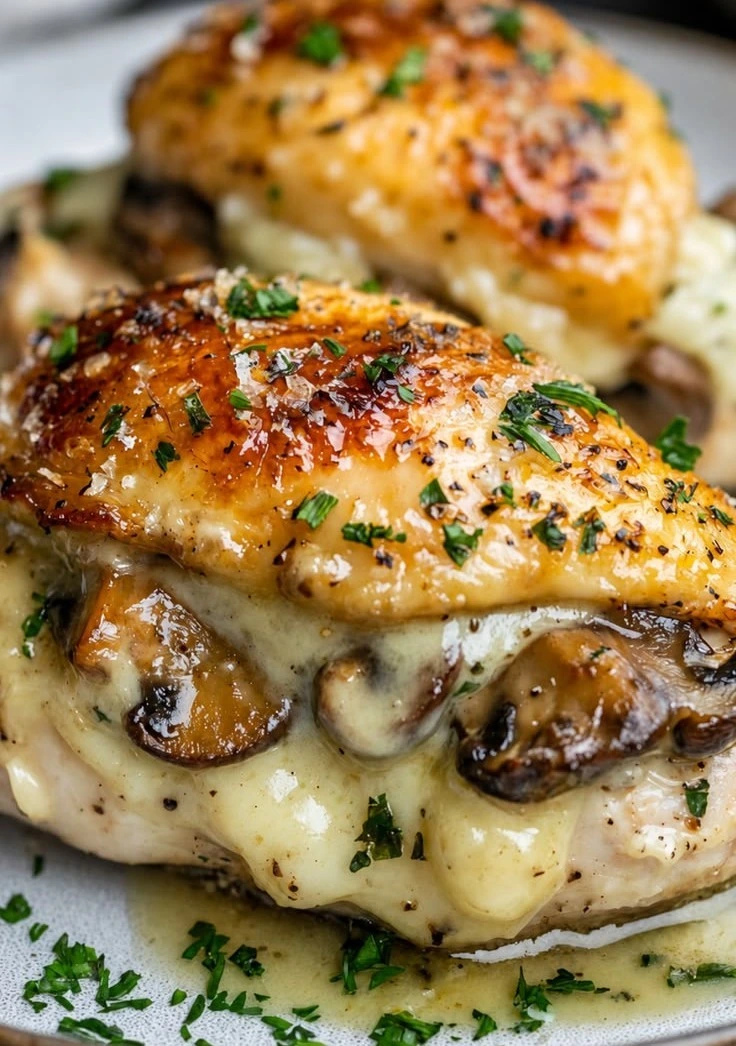 Cheesy Garlic Butter Mushroom Stuffed Chicken