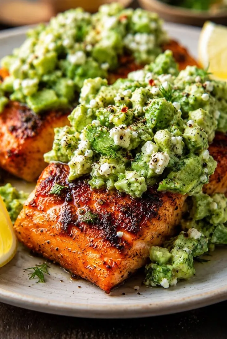 Baked Salmon with Avocado Feta Salad