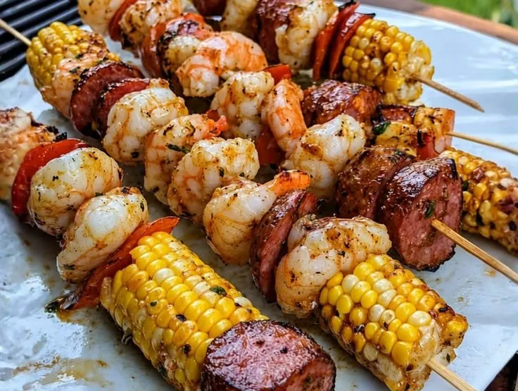 Grilled Shrimp, Sausage & Corn Skewers