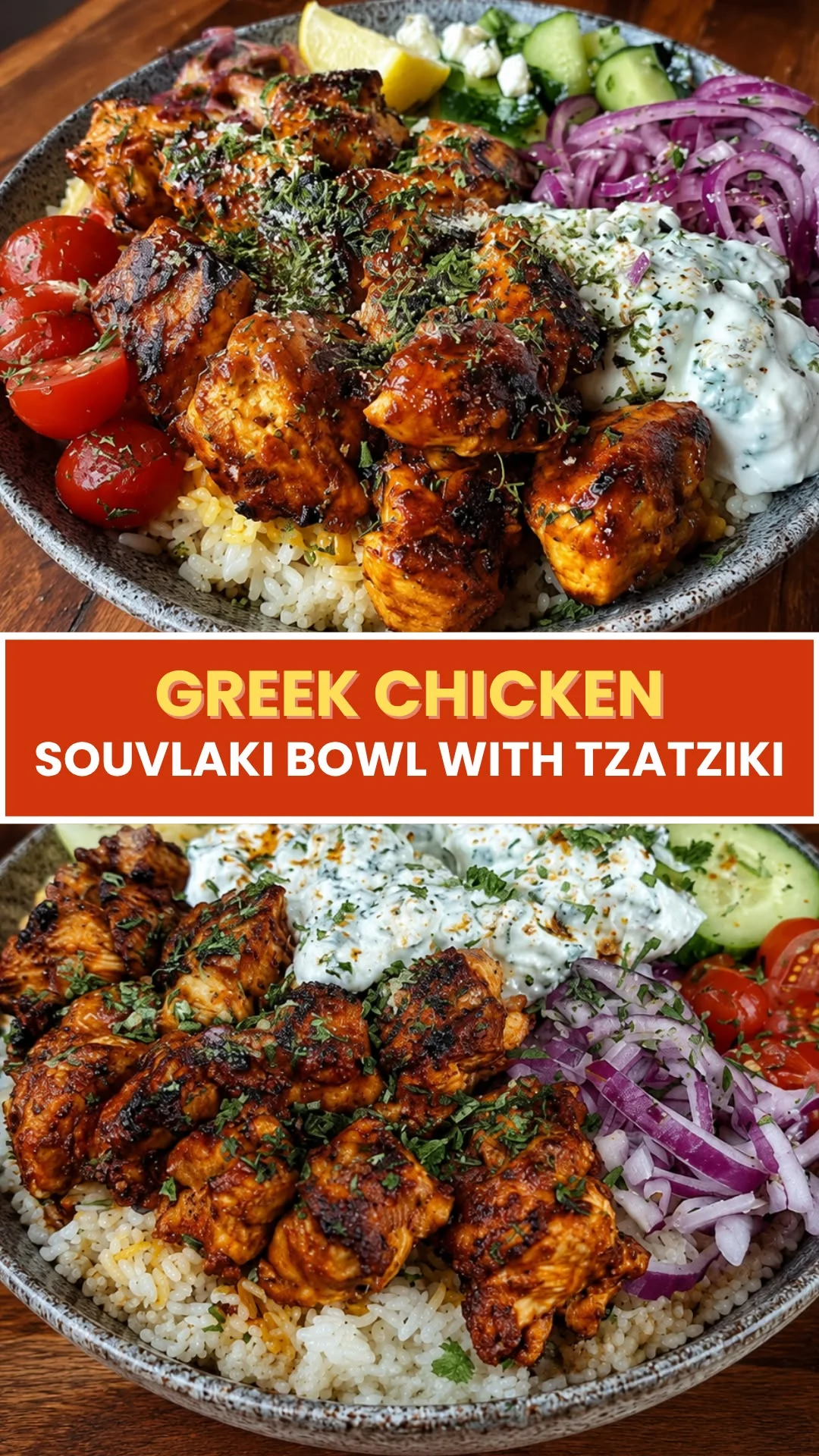 Greek Chicken Souvlaki Bowl with Creamy Tzatziki, Easy Mediterranean Dinner Recipe